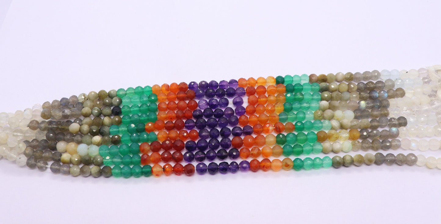 Multi Semi Precious Faceted Round Beads 5-5.5 MM Natural Rainbow, Labradorite, Cat's Eye, Green Onyx, Carnelian, Amethyst Beads for Jewlery