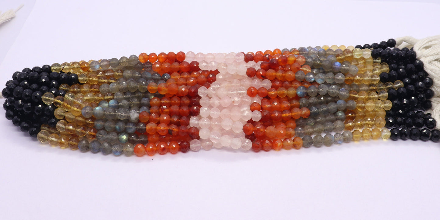 Multi Semi Precious Faceted Round Beads 5-5.5 MM Natural Black Onyx, Citrine, Rose Quartz, Carnelian & Labradorite Beads for Jewelry Making