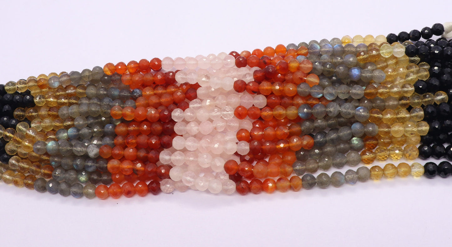 Multi Semi Precious Faceted Round Beads 5-5.5 MM Natural Black Onyx, Citrine, Rose Quartz, Carnelian & Labradorite Beads for Jewelry Making