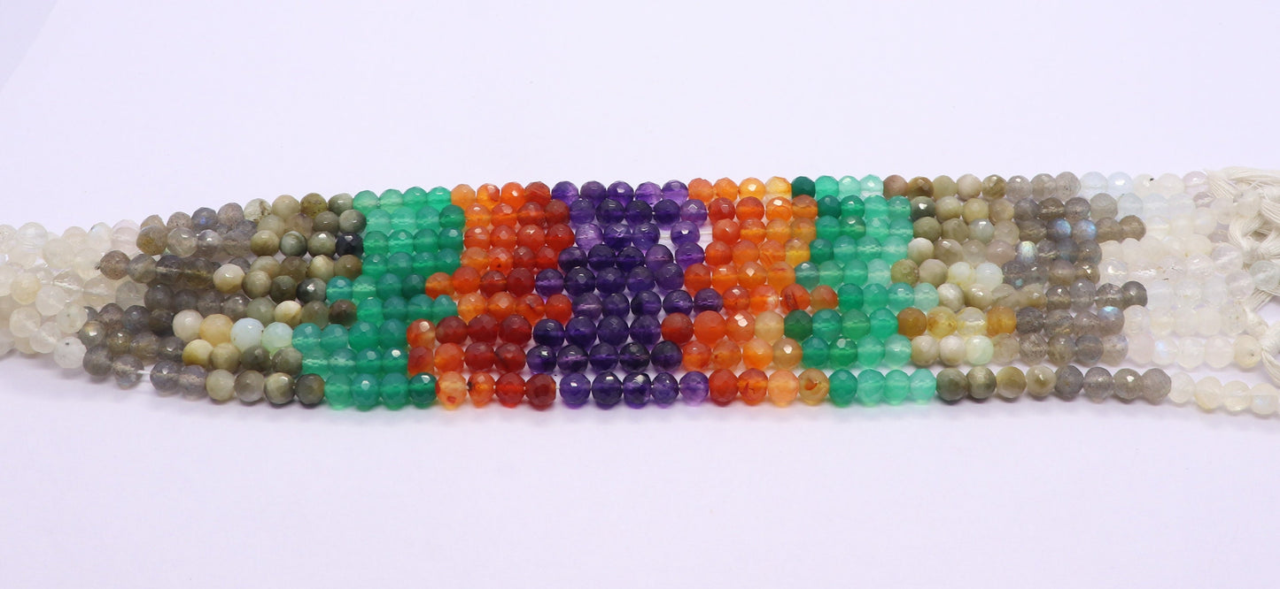 Multi Semi Precious Faceted Round Beads 5-5.5 MM Natural Rainbow, Labradorite, Cat's Eye, Green Onyx, Carnelian, Amethyst Beads for Jewlery