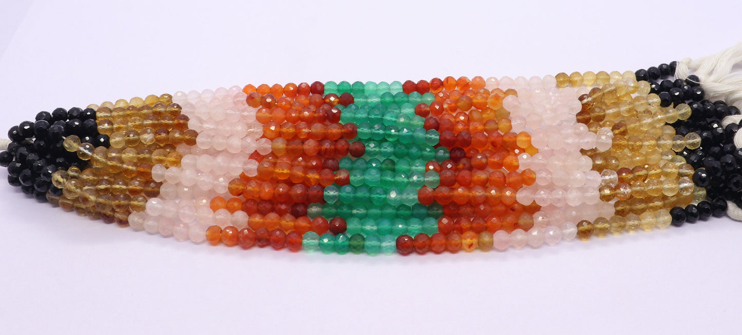 Multi Semi Precious Faceted Round Beads 5-5.5 MM Natural Black Onyx, Green Onyx, Citrine, Rose Quartz, Carnelian Beads for Designer Jewelry
