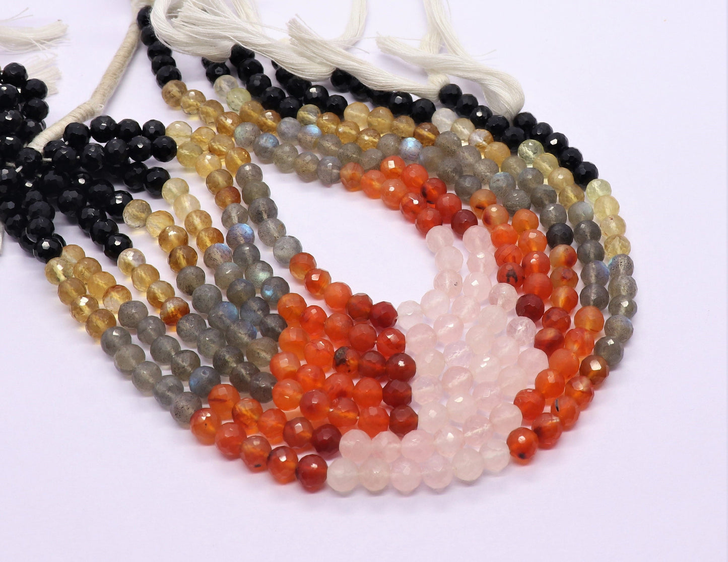 Multi Semi Precious Faceted Round Beads 5-5.5 MM Natural Black Onyx, Citrine, Rose Quartz, Carnelian & Labradorite Beads for Jewelry Making