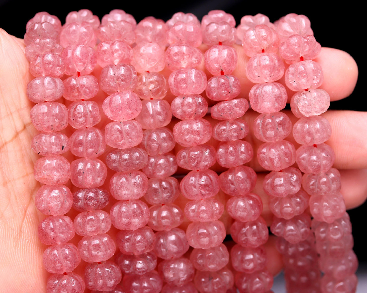 AAA Strawberry Pumpkin Hand Carved Beads, Natural Pink Strawberry Watermelon Beads, 9-12MM Red Strawberry Rondelle Pumpkin Beads