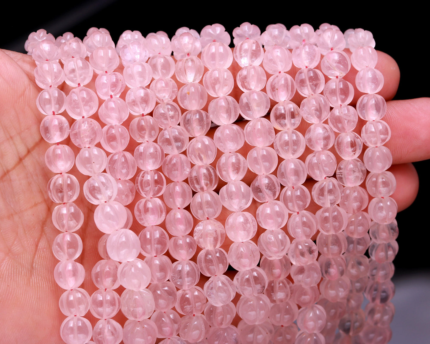 Rose Quartz Pumpkin Carved Beads Natural Rose Quartz Watermelon Pink Rose Curved Rondelle 7-10 MM Beads for Handmade Designer Jewelry Making