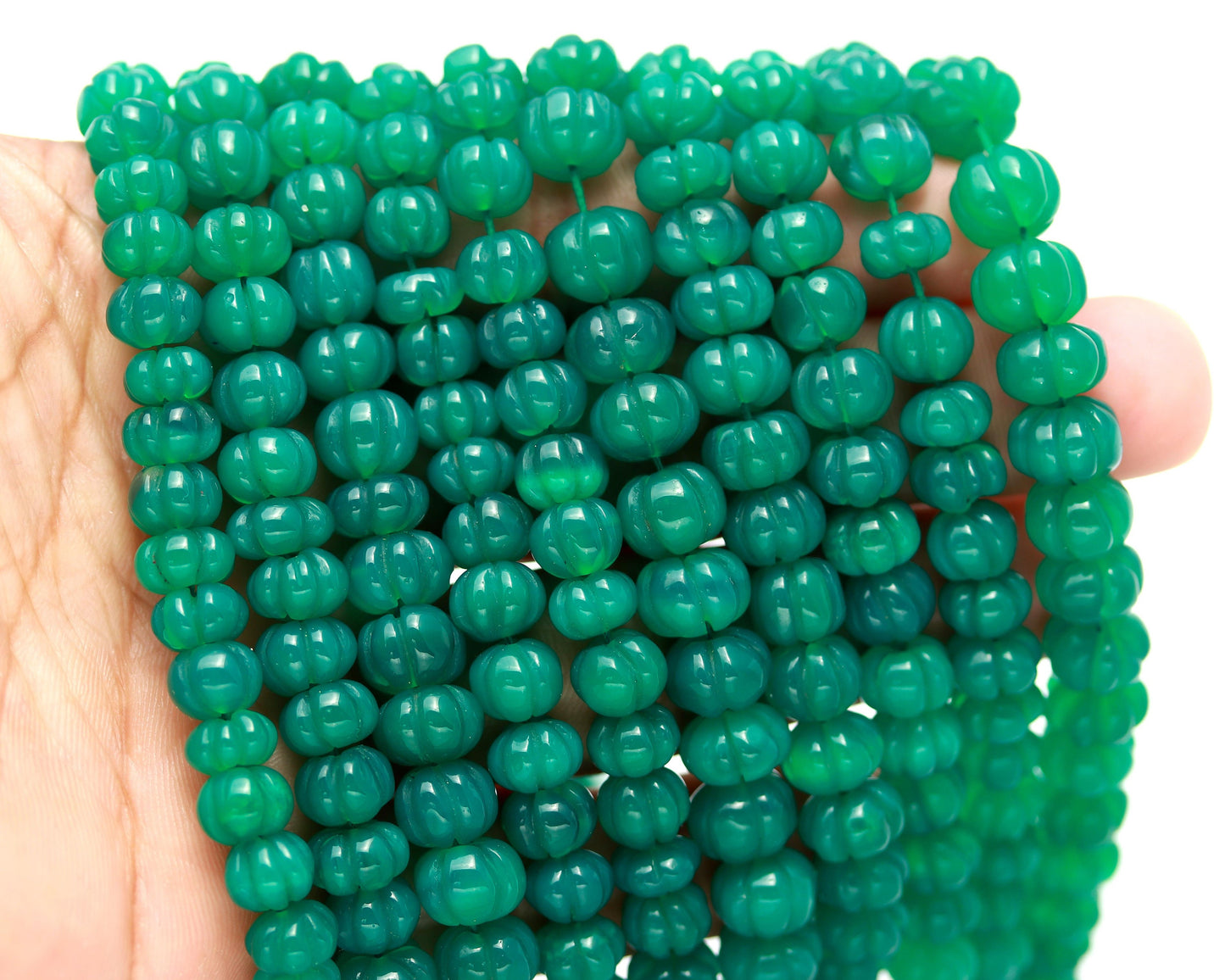 Green Onyx Pumpkin Carved Beads Natural Green Onyx Pumpkin Curved Beads AAA Quality 16 Inch Green Onyx Pumpkin Bead for Jewelry Making Craft