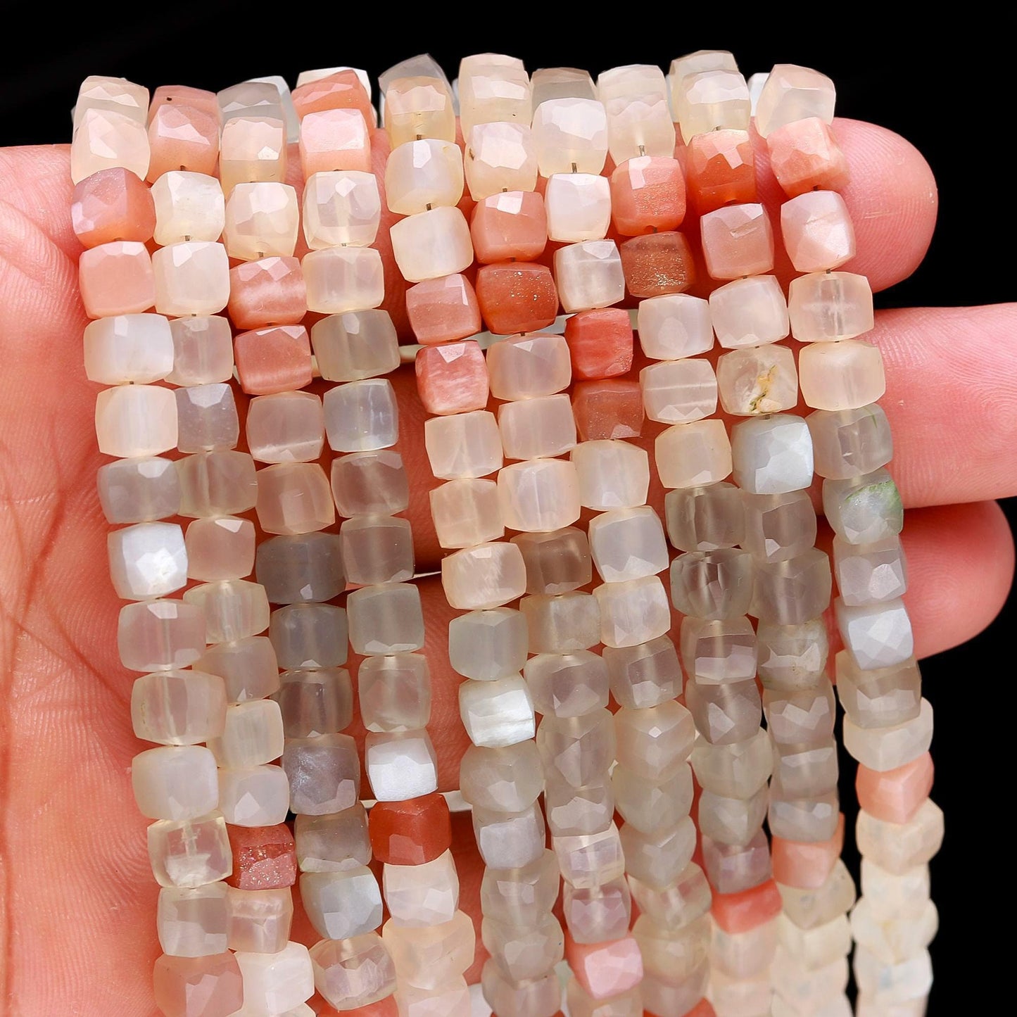 Multi Moonstone Faceted Cube Beads Multi Moonstone Cube Square Dice Box Shape Beads White Grey and Peach Moonstone Cube Beads for Jewelry