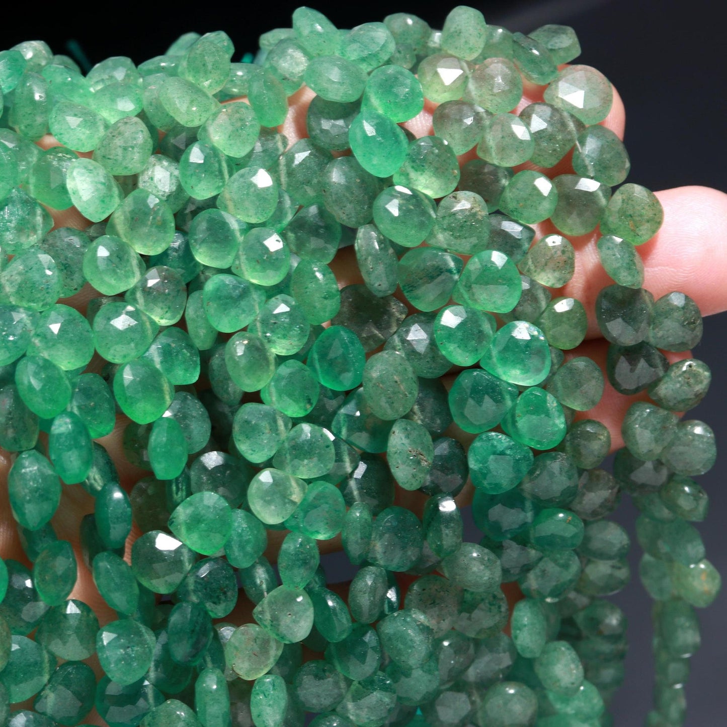 Natural Strawberry Faceted Heart Shape Beads 6-7 MM Green Strawberry Heart Shape Briolettes Beads 8 Inch Green Strawberry for Jewelry Making