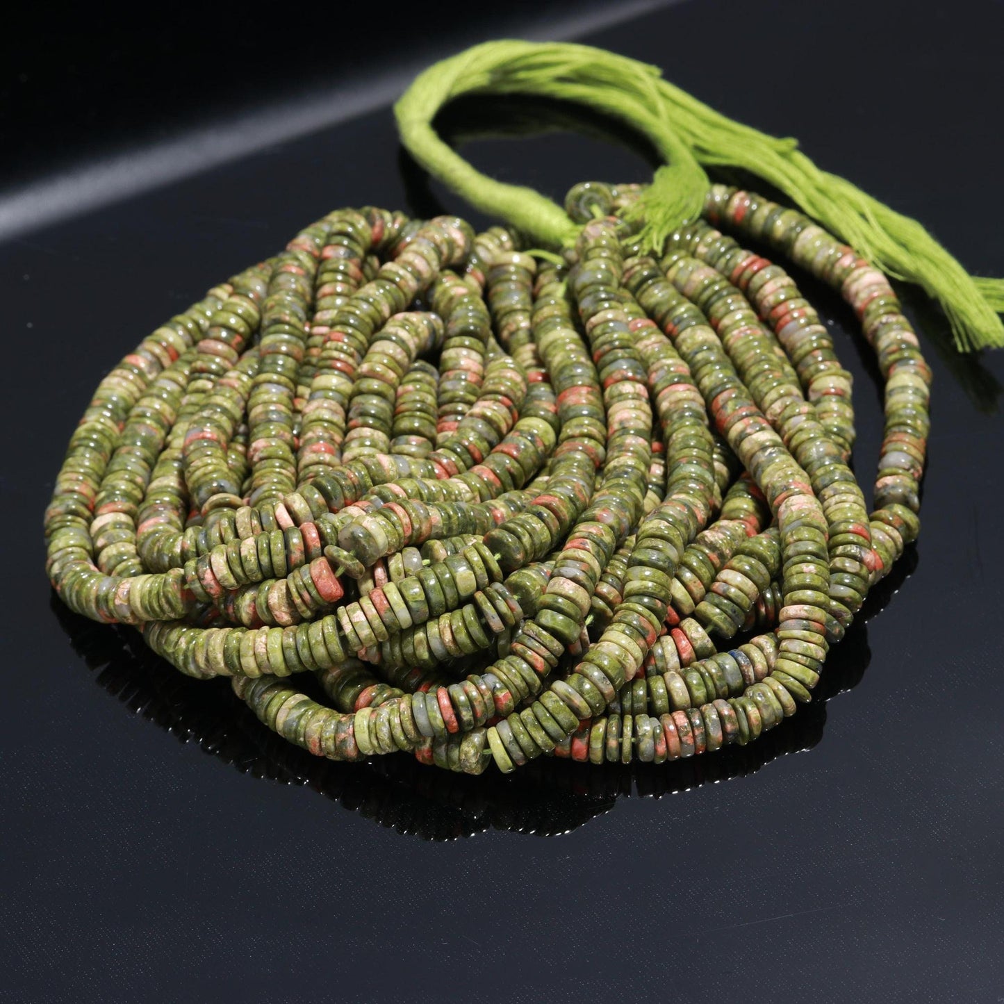 Green Unakite Heishi Tyre Shape Beads Natural Unakite Flat Smooth Beads Unakite Beads Gemstone Wheel Shape Beads for Jewelry Making Craft