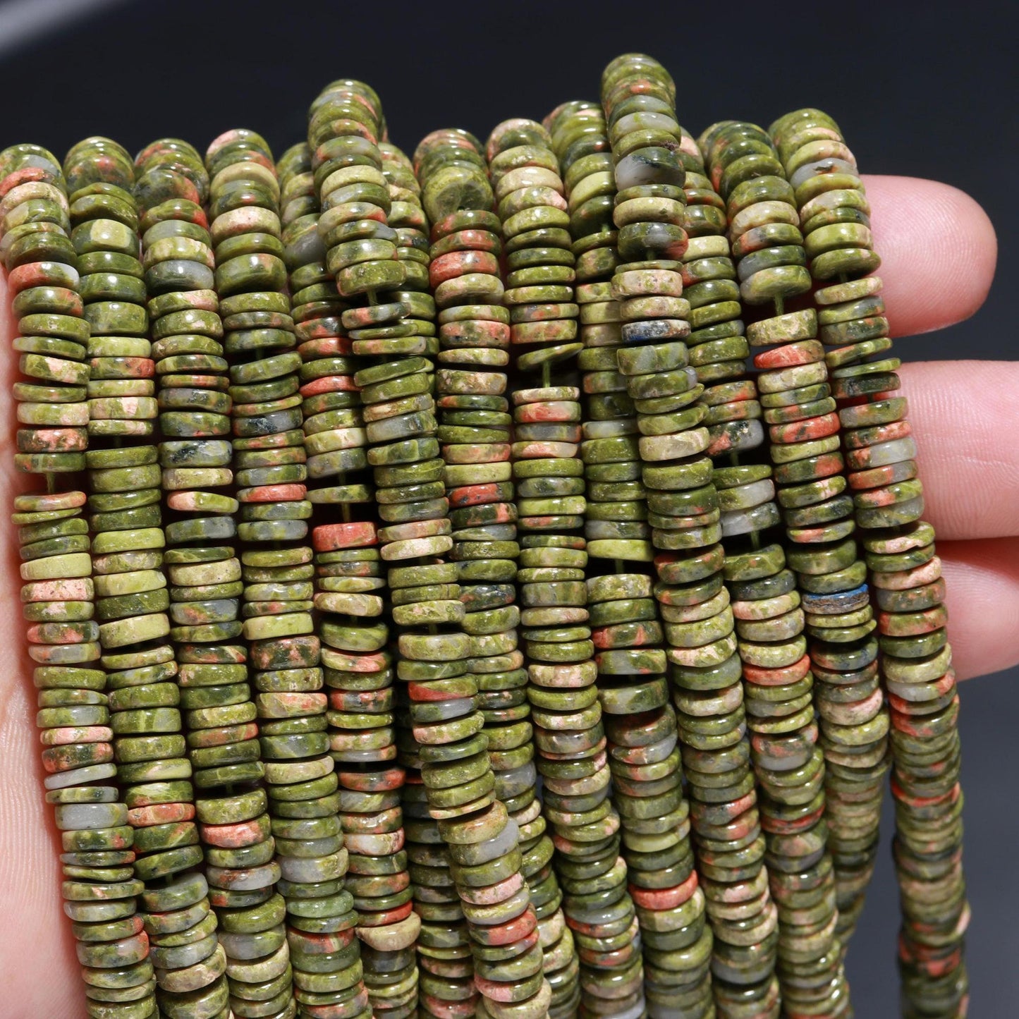Green Unakite Heishi Tyre Shape Beads Natural Unakite Flat Smooth Beads Unakite Beads Gemstone Wheel Shape Beads for Jewelry Making Craft