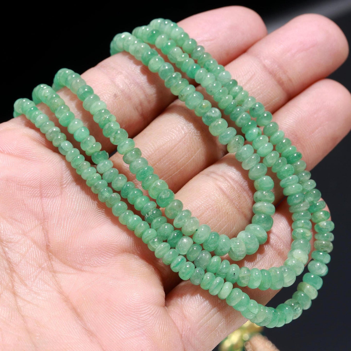 3 Strands Natural Emerald Smooth Rondelle Beads 3.5-5 MM Zambia Emerald Beryl 16-17 Inch Necklace with Adjustable Clasp Emerald Necklace