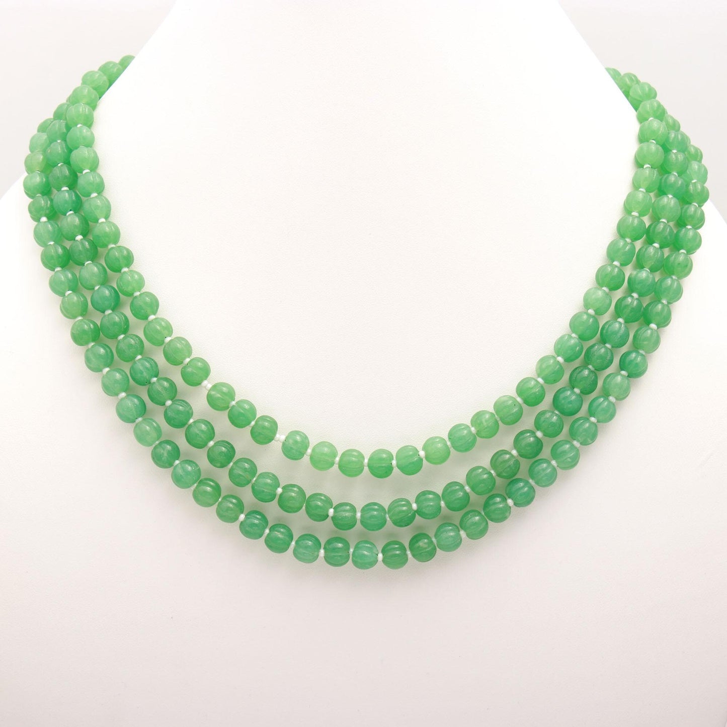 3 Strands Green Strawberry Pumpkin Necklace, 8MM Natural Green Strawberry Hand Curved Watermelon Rondelle Beads with Drawstring Clasp