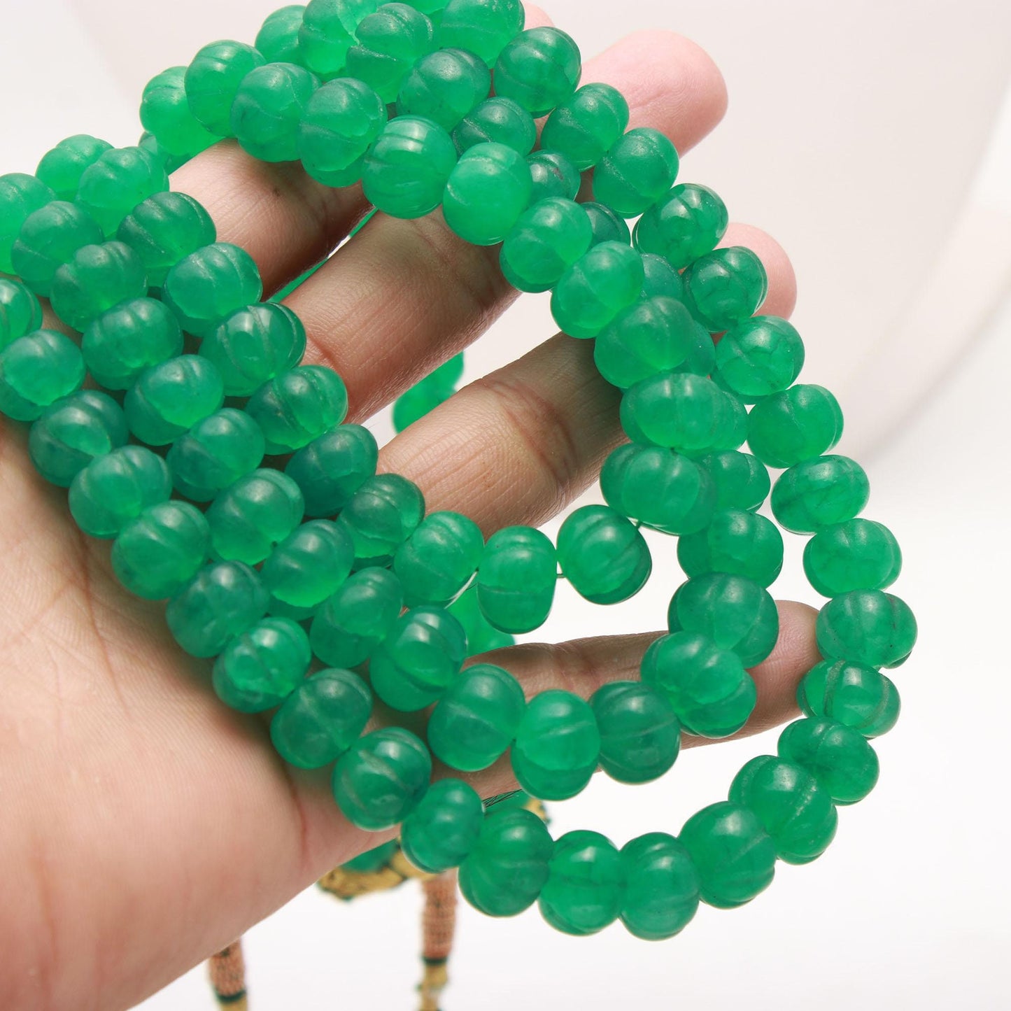 Emerald Quartz Pumpkin Beads 7 & 8 MM Hand Carved Watermelon Beads 16" Strand Green Pumpkin Shape Beads for Handmade Designer Jewelry Making