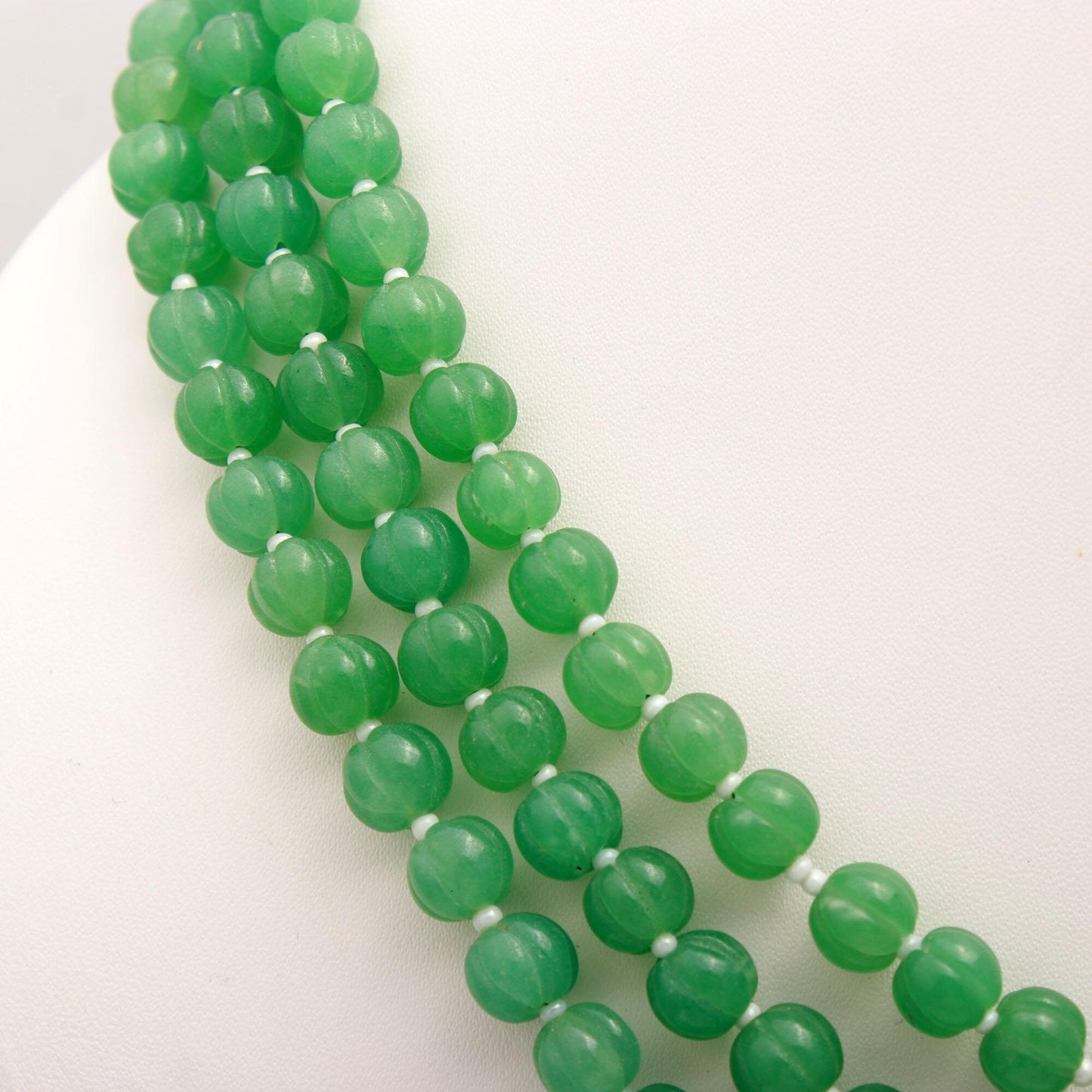 3 Strands Green Strawberry Pumpkin Necklace, 8MM Natural Green Strawberry Hand Curved Watermelon Rondelle Beads with Drawstring Clasp
