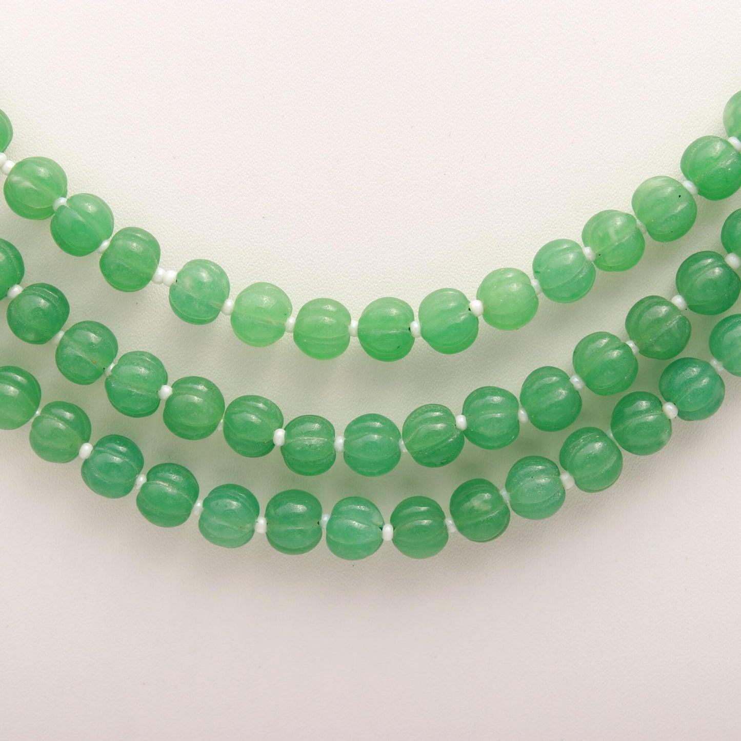 3 Strands Green Strawberry Pumpkin Necklace, 8MM Natural Green Strawberry Hand Curved Watermelon Rondelle Beads with Drawstring Clasp