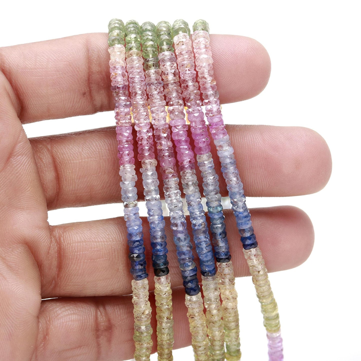 RARE Multi Sapphire Faceted Washer Beads 4MM Natural Multi Saphire Faceted Tyer Beads 17” Pink Yellow Blue Green Cola Sapphire Tyer Beads