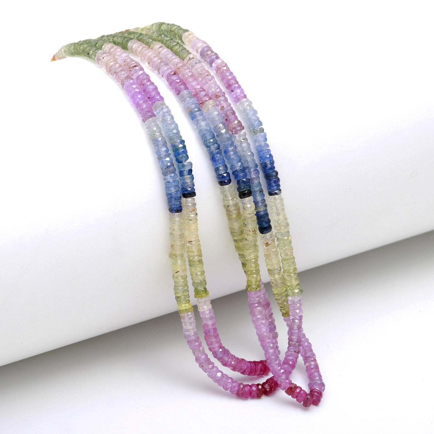 RARE Multi Sapphire Faceted Washer Beads 4MM Natural Multi Saphire Faceted Tyer Beads 17” Pink Yellow Blue Green Cola Sapphire Tyer Beads