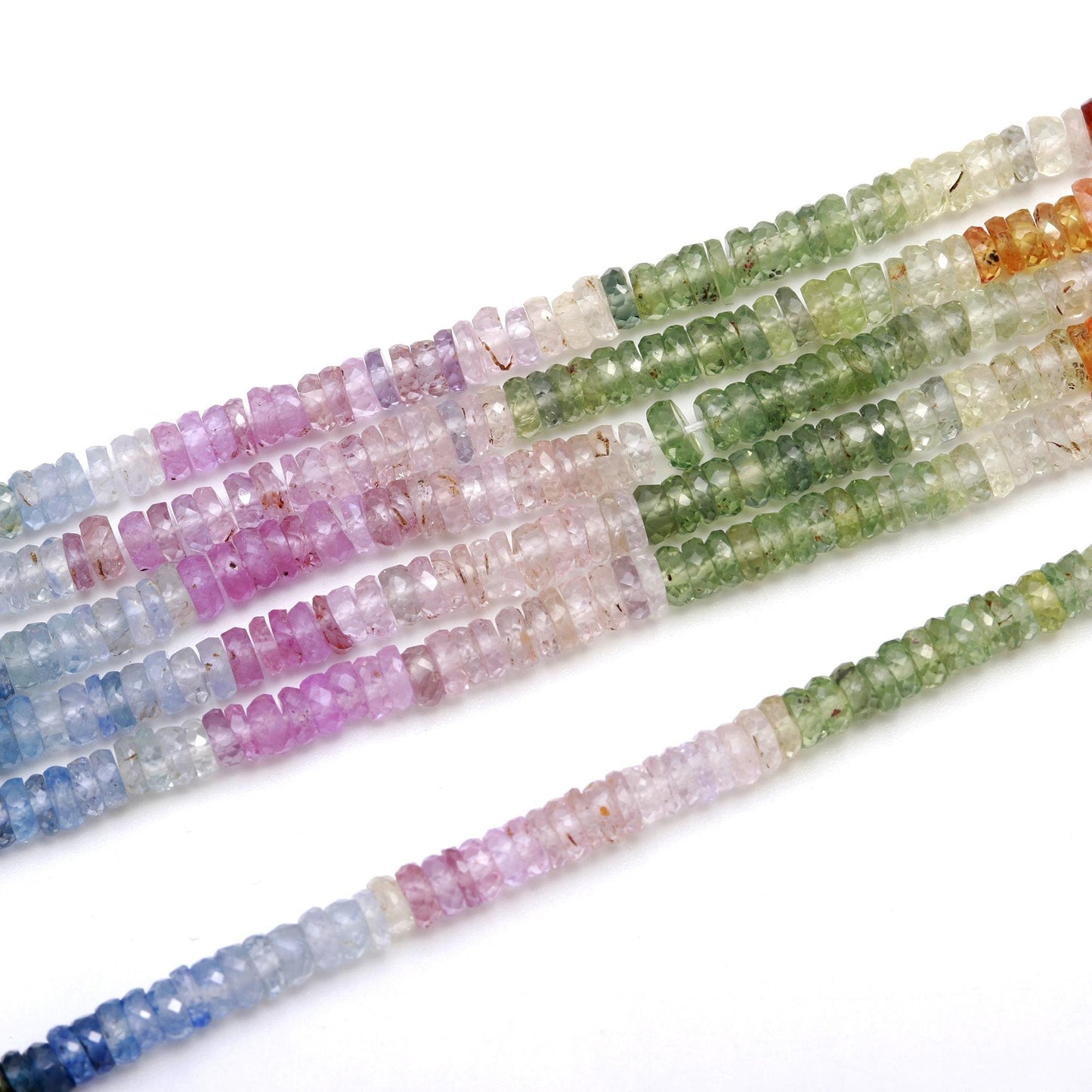 RARE Multi Sapphire Faceted Washer Beads 4MM Natural Multi Saphire Faceted Tyer Beads 17” Pink Yellow Blue Green Cola Sapphire Tyer Beads