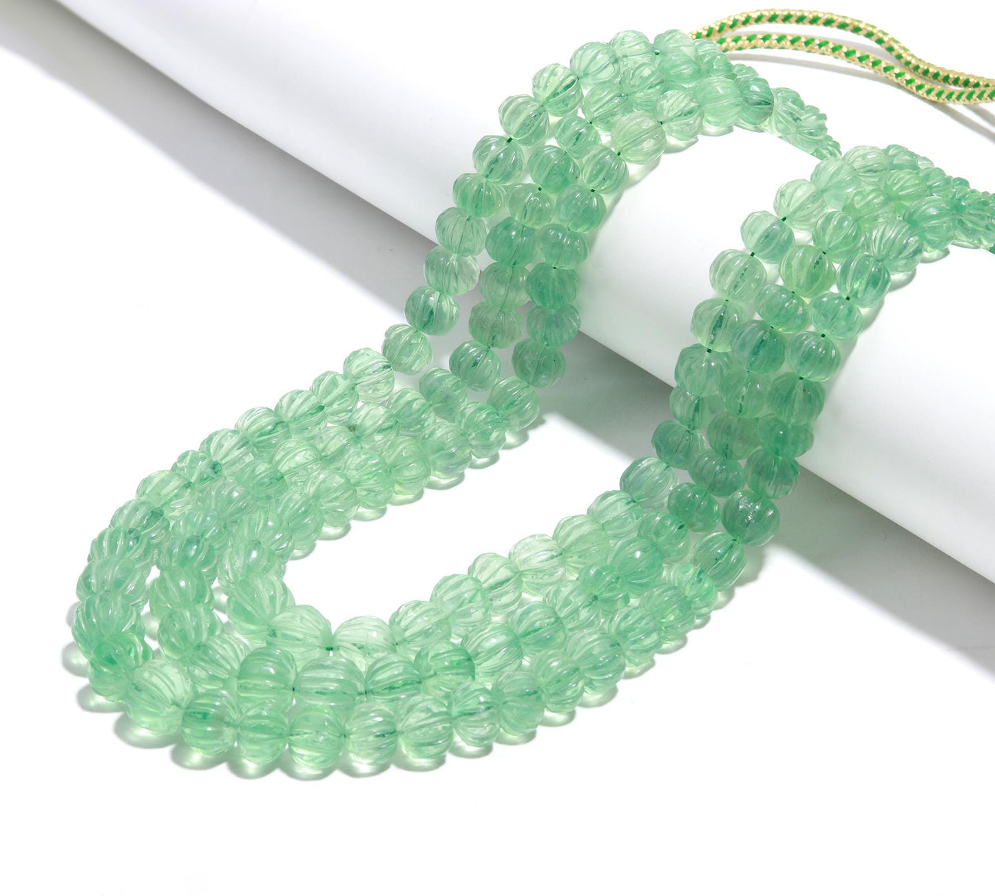 3 Strands Green Fluorite Pumpkin Carved Beads Necklace 9x11 MM - 11x14 MM Natural Green Fluorite Necklace for Jewelry with adjustable clasp