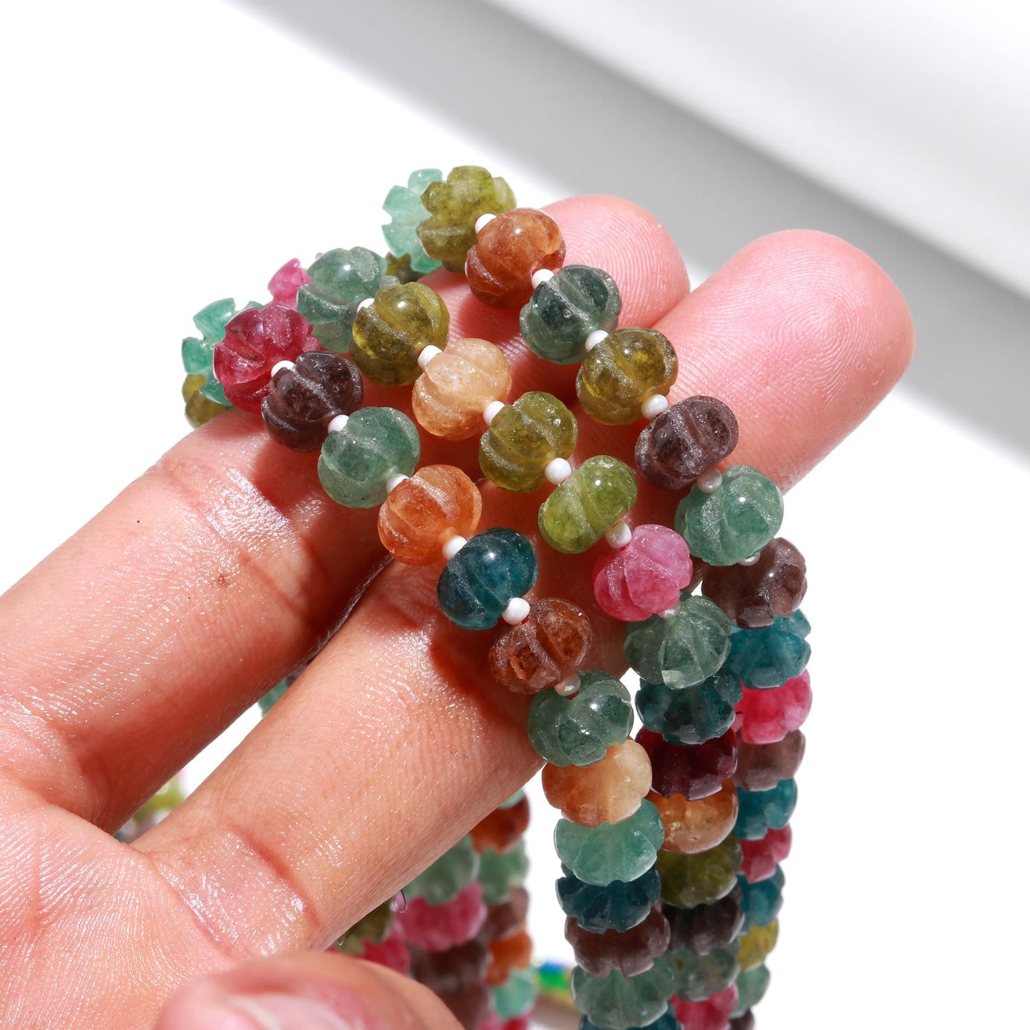 3 Strands Multi Tourmaline Pumpkin Hand Carved Beads Necklace 17-19 Inch Multi Tourmaline Quartz Bead Necklace Jewelry with adjustable clasp