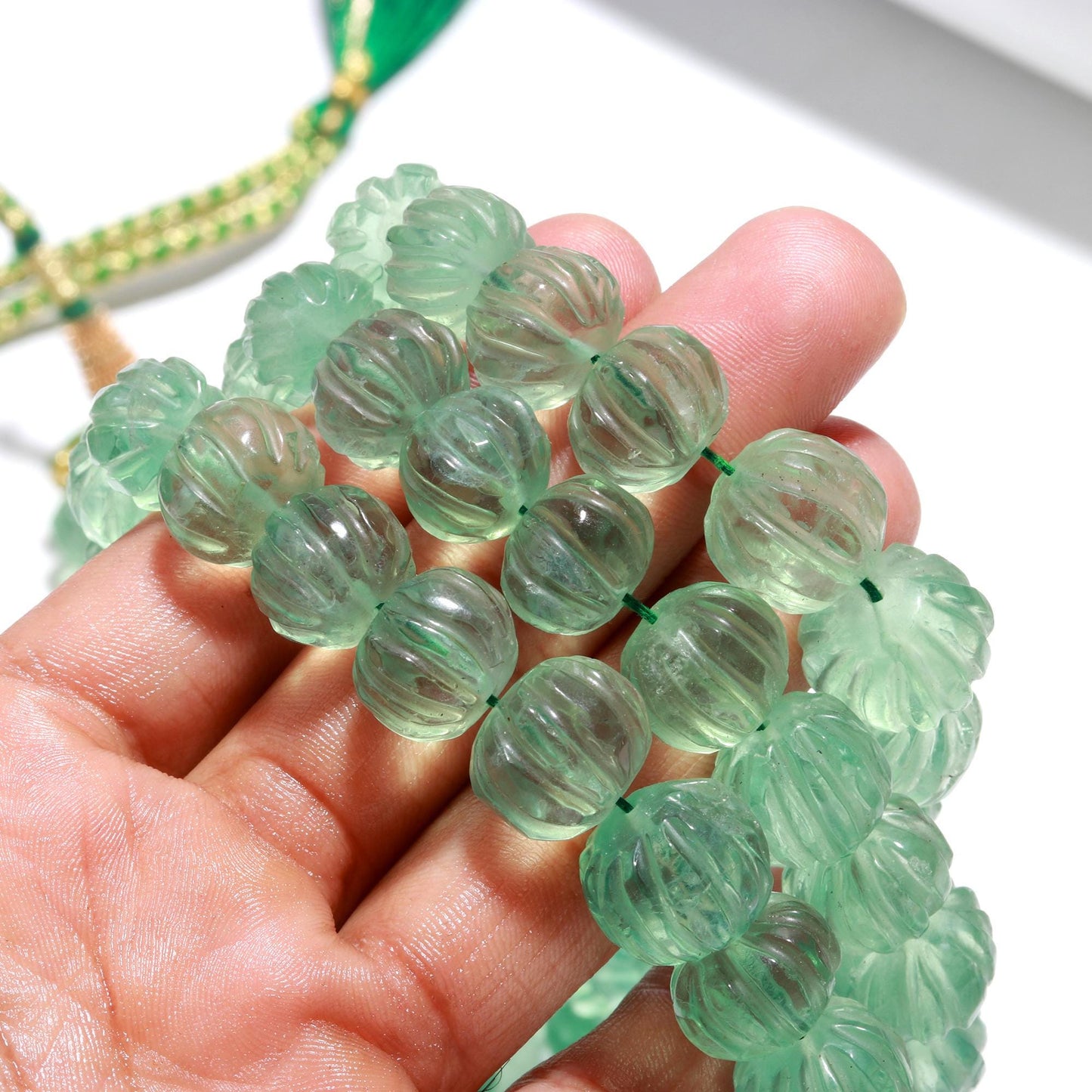 3 Strands Green Fluorite Pumpkin Carved Beads Necklace 9x11 MM - 11x14 MM Natural Green Fluorite Necklace for Jewelry with adjustable clasp