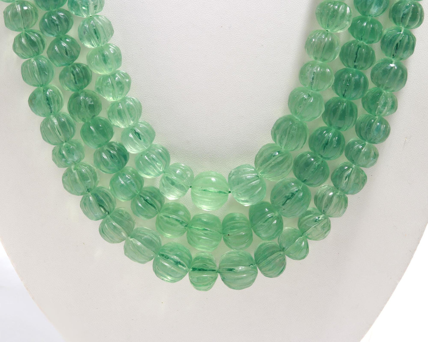 3 Strands Green Fluorite Pumpkin Carved Beads Necklace 9x11 MM - 11x14 MM Natural Green Fluorite Necklace for Jewelry with adjustable clasp