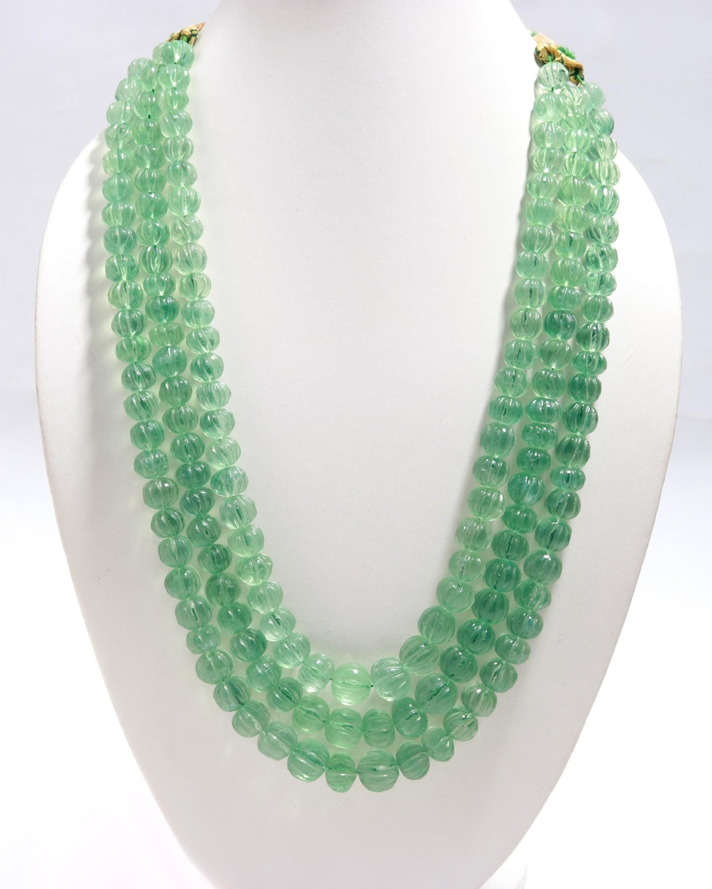 3 Strands Green Fluorite Pumpkin Carved Beads Necklace 9x11 MM - 11x14 MM Natural Green Fluorite Necklace for Jewelry with adjustable clasp