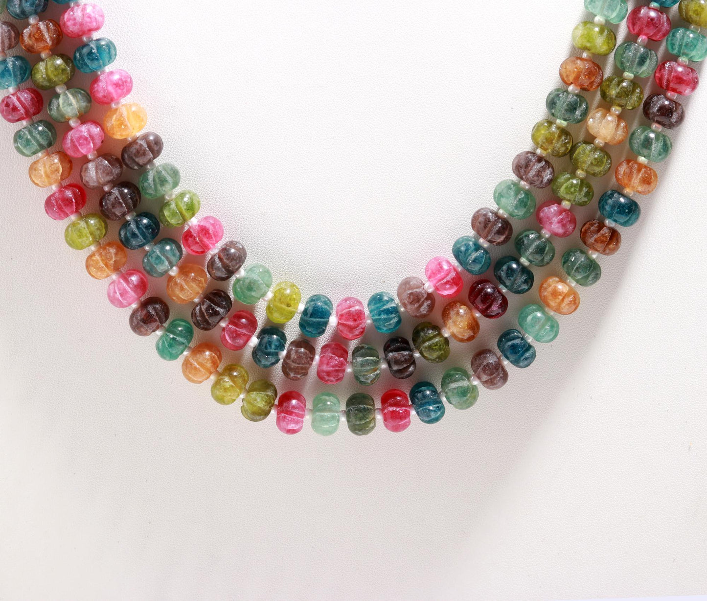 3 Strands Multi Tourmaline Pumpkin Hand Carved Beads Necklace 17-19 Inch Multi Tourmaline Quartz Bead Necklace Jewelry with adjustable clasp