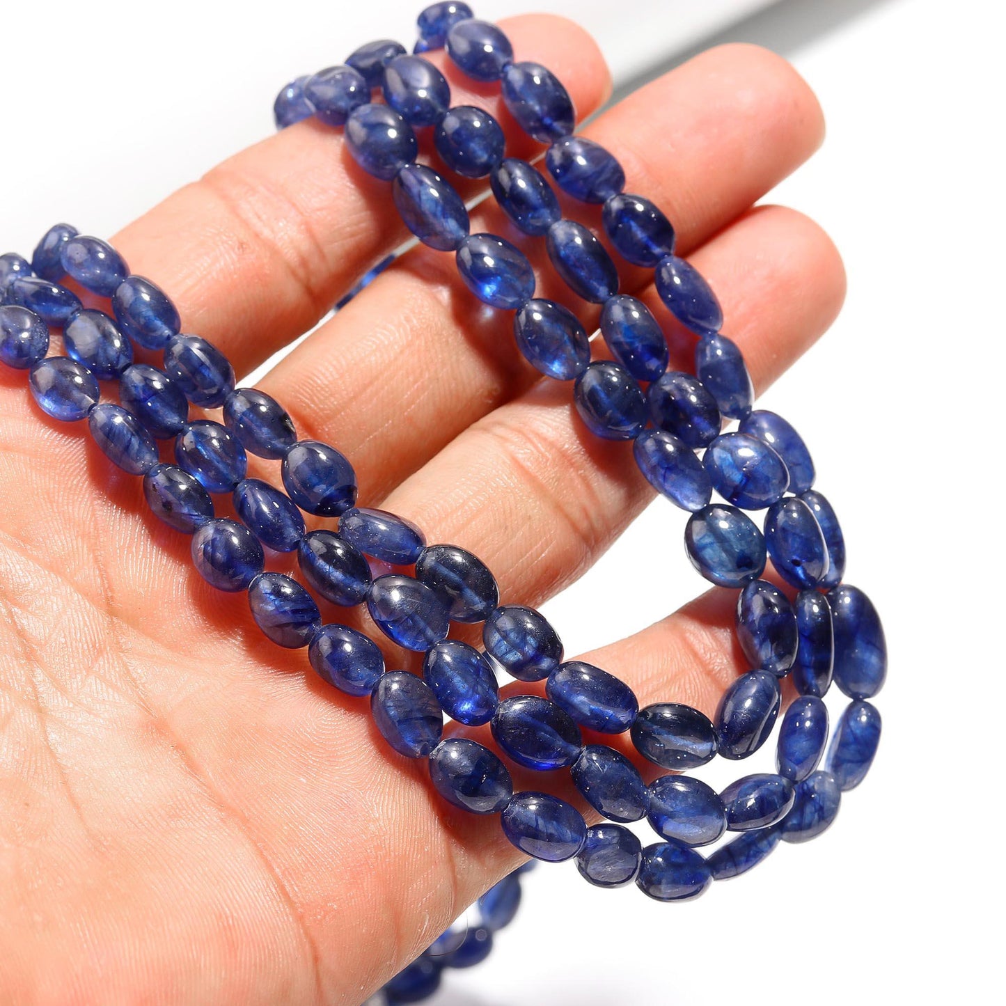 3 Strands Blue Sapphire Smooth Oval Beads 5X7 MM - 7x9 MM Excellent Blue Sapphire Precious Beads Necklace for jewelry with adjustable clasp