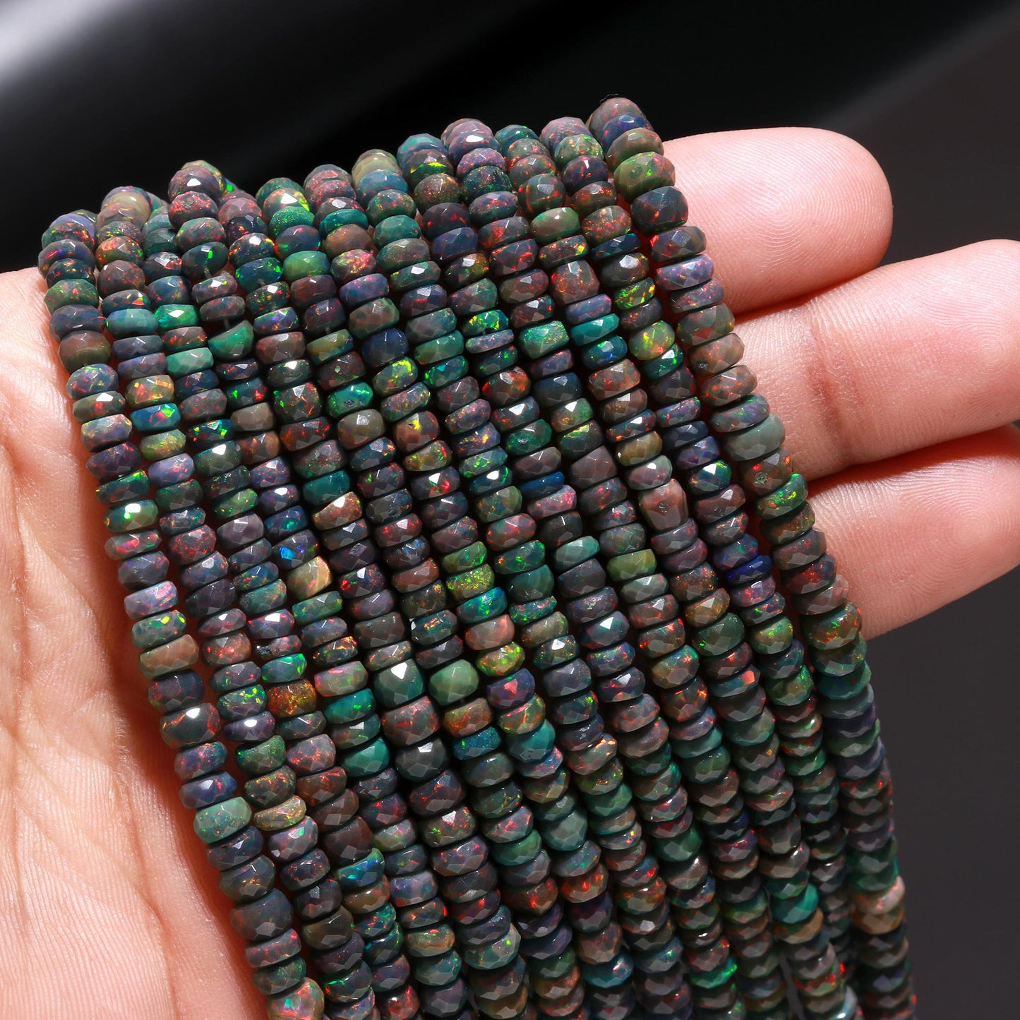 Black Ethiopian Opal Faceted Rondelle Bead 4-7 MM Natural Flashy Ethiopian Opal 18" Strand Multi Fire Opal for Handmade Designer Jewelry