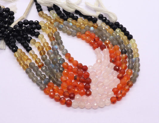 Multi Semi Precious Faceted Round Beads 5-5.5 MM Natural Black Onyx, Citrine, Rose Quartz, Carnelian & Labradorite Beads for Jewelry Making