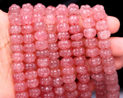 AAA Strawberry Pumpkin Hand Carved Beads, Natural Pink Strawberry Watermelon Beads, 9-12MM Red Strawberry Rondelle Pumpkin Beads