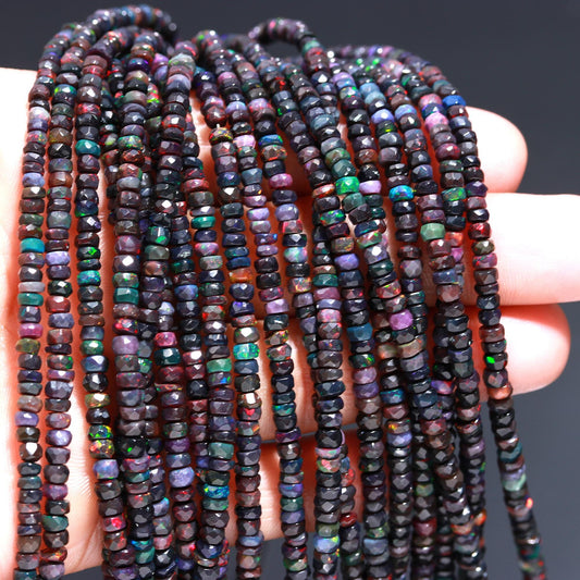 Excellent Quality Black Ethiopian Opal Faceted Rondelle Bead 4 MM Natural Flashy Black Opal Multi Fire Ethiopian Opal 16" Strand for Jewelry