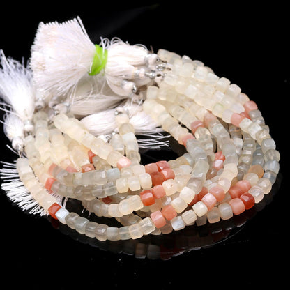 Multi Moonstone Faceted Cube Beads Multi Moonstone Cube Square Dice Box Shape Beads White Grey and Peach Moonstone Cube Beads for Jewelry
