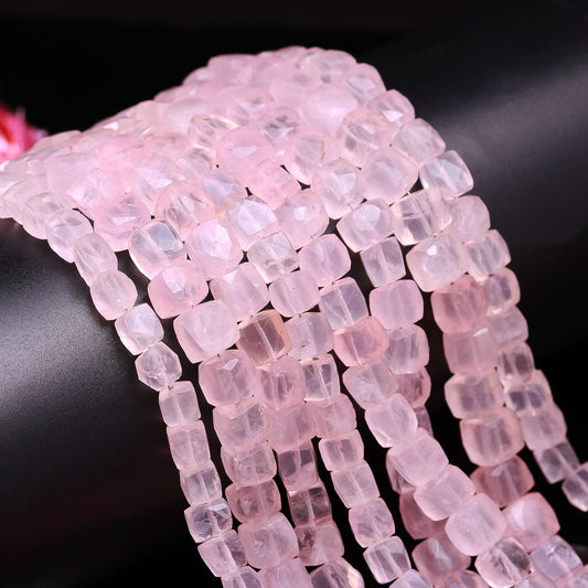 Rose Quartz Faceted Cube Beads AAA Natural Gemstone Beads 8 Inch Strand Beads Natural Rose Quartz Cube Square Dice Shape Beads for Jewelry
