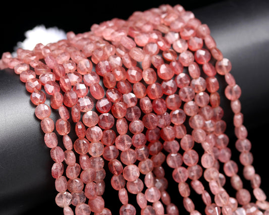 Natural Strawberry Faceted Coin Shape Beads, 6-7 & 7-8 MM Pink Strawberry Coin Shape Fancy Beads 8" Pink Strawberry Beads for Jewelry Making
