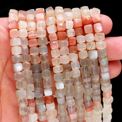Multi Moonstone Faceted Cube Beads Multi Moonstone Cube Square Dice Box Shape Beads White Grey and Peach Moonstone Cube Beads for Jewelry