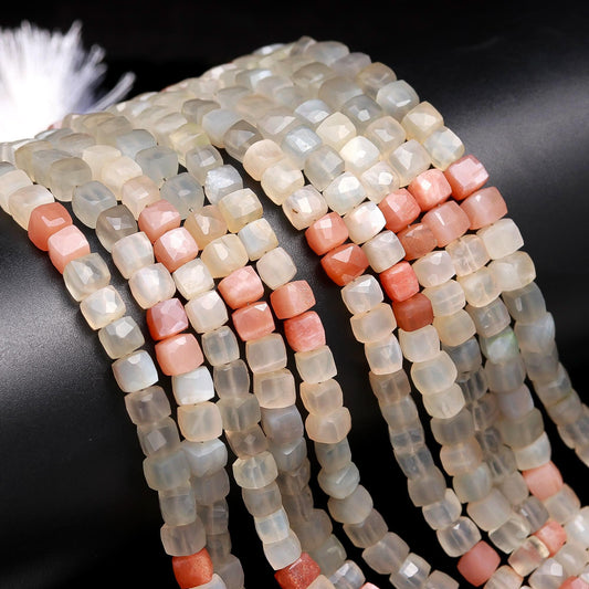 Multi Moonstone Faceted Cube Beads Multi Moonstone Cube Square Dice Box Shape Beads White Grey and Peach Moonstone Cube Beads for Jewelry