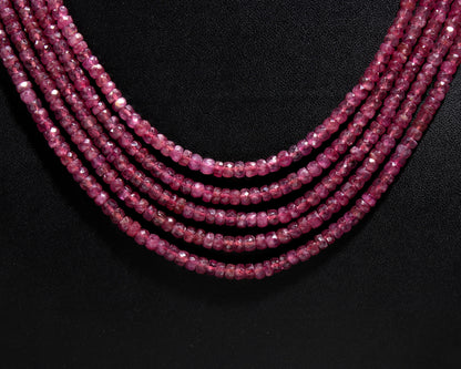 5 Strands Beautiful Ruby Faceted Rondelle Beads Necklace, 3.5-4.5 MM Ruby Rondelle Bead, 16-18 Inch Red Ruby Rondelle Beads Necklace Jewelry