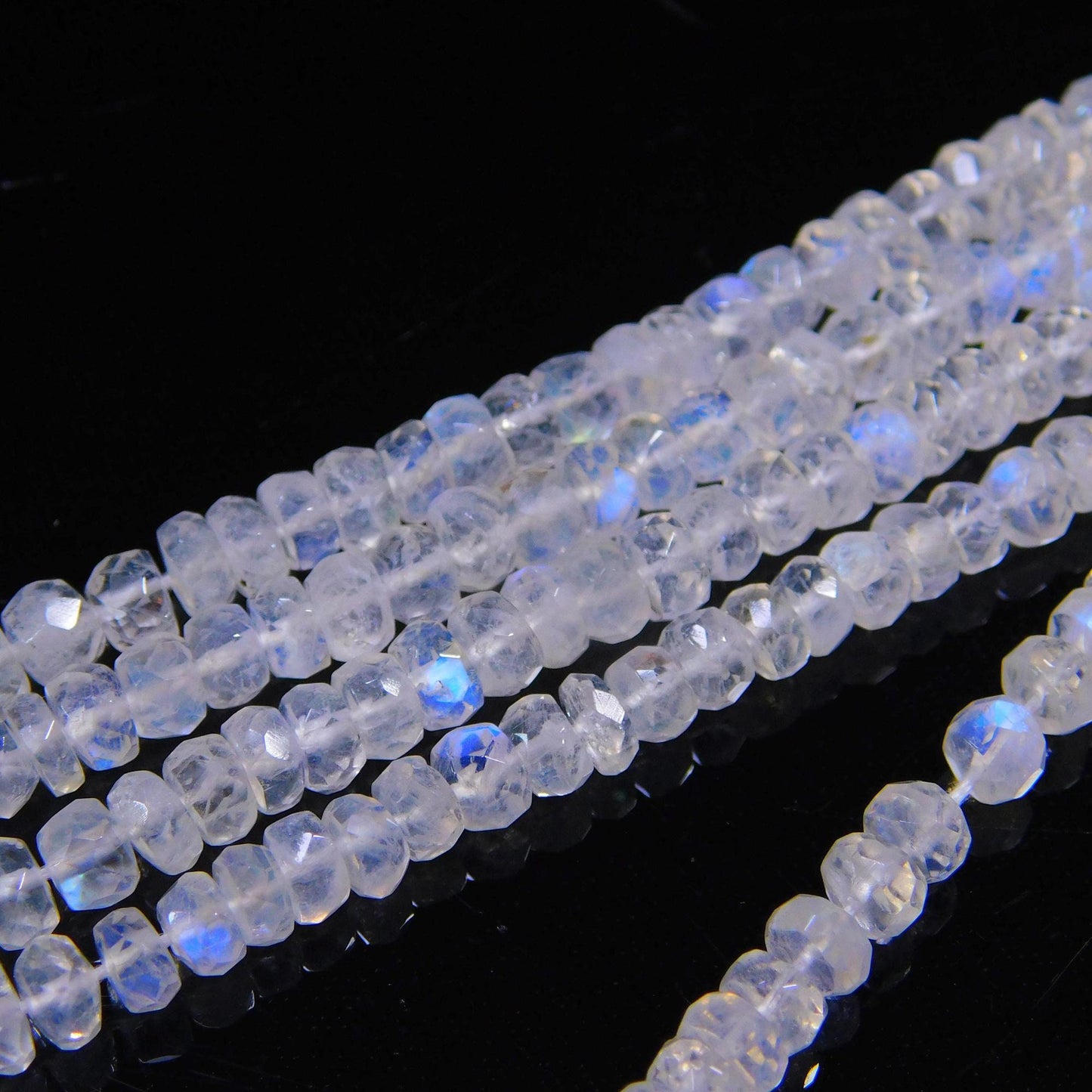AAA Flashy White Rainbow Moonstone  Faceted Rondelle Beads 4-5 MM & 5-6 MM Natural Blue Flash Rainbow Rondelle Beads 16” Rainbow bead strand