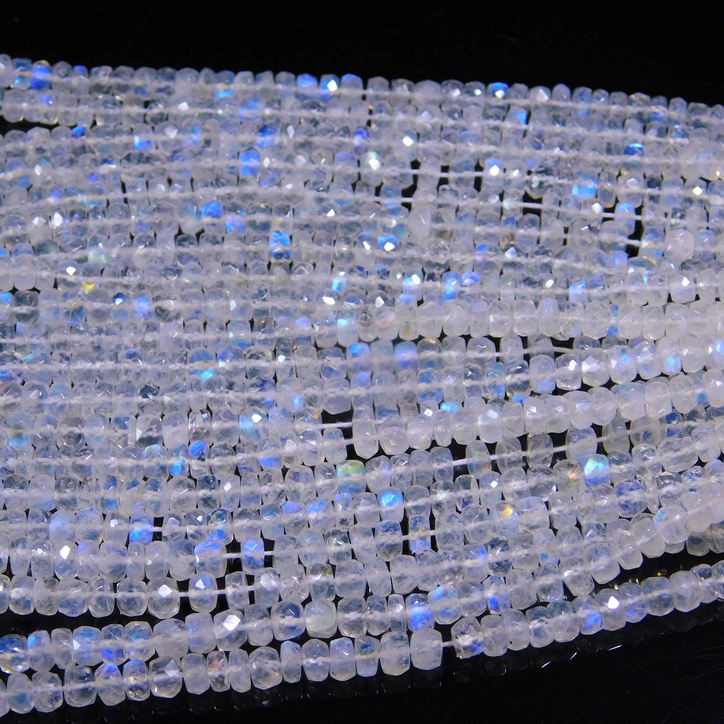 AAA Flashy White Rainbow Moonstone  Faceted Rondelle Beads 4-5 MM & 5-6 MM Natural Blue Flash Rainbow Rondelle Beads 16” Rainbow bead strand