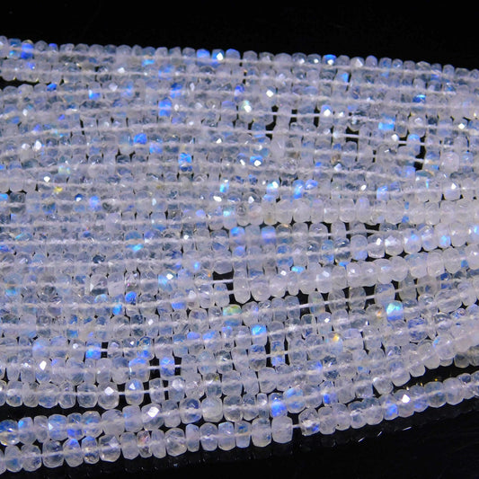 AAA Flashy White Rainbow Moonstone  Faceted Rondelle Beads 4-5 MM & 5-6 MM Natural Blue Flash Rainbow Rondelle Beads 16” Rainbow bead strand