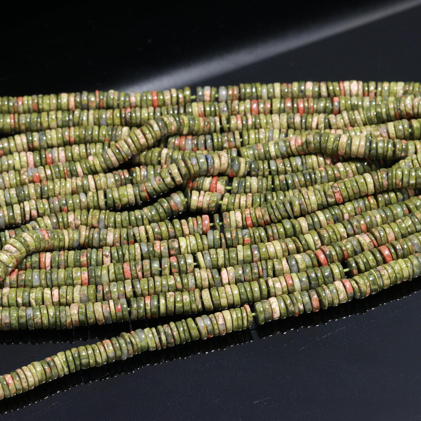 Green Unakite Heishi Tyre Shape Beads Natural Unakite Flat Smooth Beads Unakite Beads Gemstone Wheel Shape Beads for Jewelry Making Craft