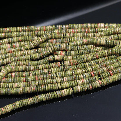 Green Unakite Heishi Tyre Shape Beads Natural Unakite Flat Smooth Beads Unakite Beads Gemstone Wheel Shape Beads for Jewelry Making Craft