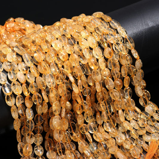 5 Strand Natural Citrine Smooth Oval Beads, 7x10-8x12 MM Citrine Oval Beads, 13 inch Golden Citrine Plain Oval Bead for Jewelry Necklace