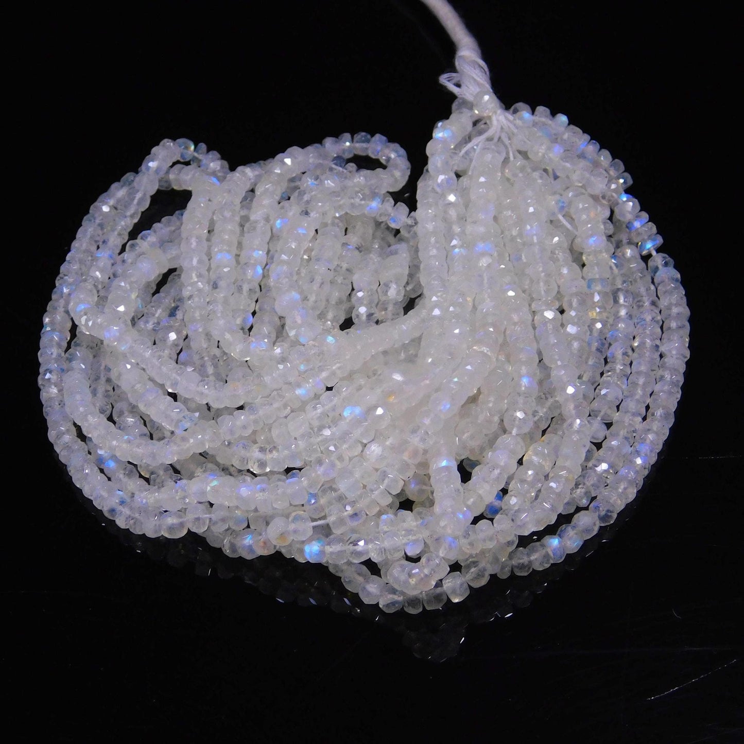 AAA Flashy White Rainbow Moonstone  Faceted Rondelle Beads 4-5 MM & 5-6 MM Natural Blue Flash Rainbow Rondelle Beads 16” Rainbow bead strand