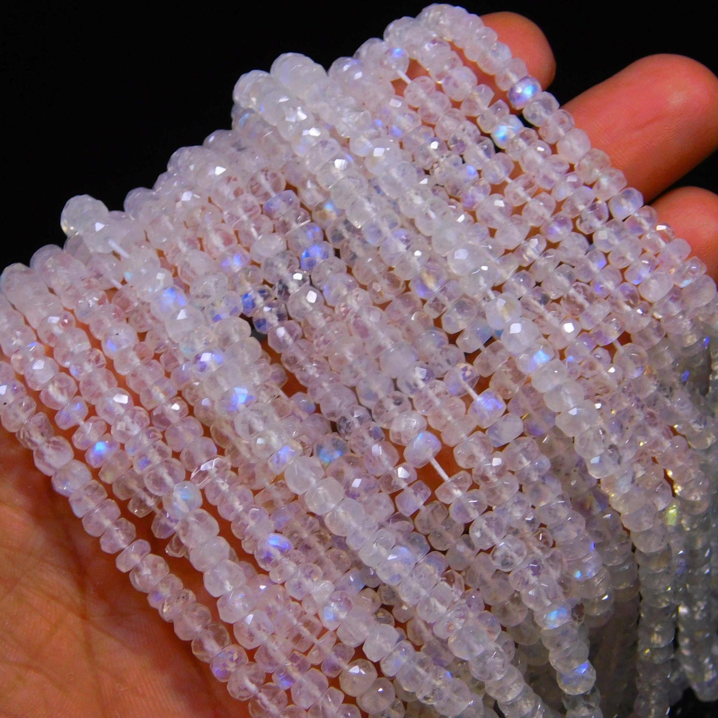 AAA Flashy White Rainbow Moonstone  Faceted Rondelle Beads 4-5 MM & 5-6 MM Natural Blue Flash Rainbow Rondelle Beads 16” Rainbow bead strand