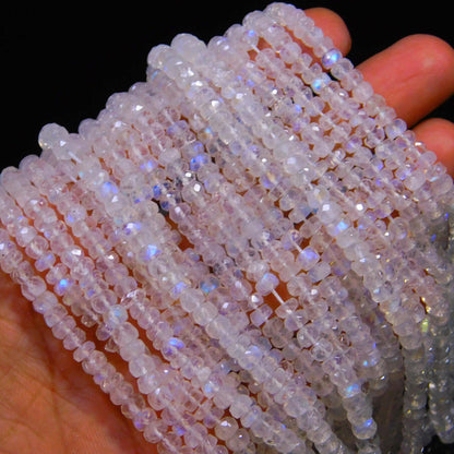 AAA Flashy White Rainbow Moonstone  Faceted Rondelle Beads 4-5 MM & 5-6 MM Natural Blue Flash Rainbow Rondelle Beads 16” Rainbow bead strand