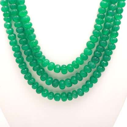 3 Strand Emerald Quartz Pumpkin Beads, 7X9 MM - 8x11 MM Hand Curved Watermelon Beads Necklace, 17-20 Inch Necklace with Drawstring Clasp
