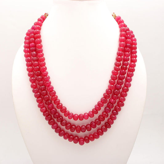 3 Strand Ruby Quartz Pumpkin Beads, 8X10 MM - 9x11 MM Ruby Quartz Beads Necklace, 16-19 Inch Ruby Quartz Necklace with Drawstring Clasp
