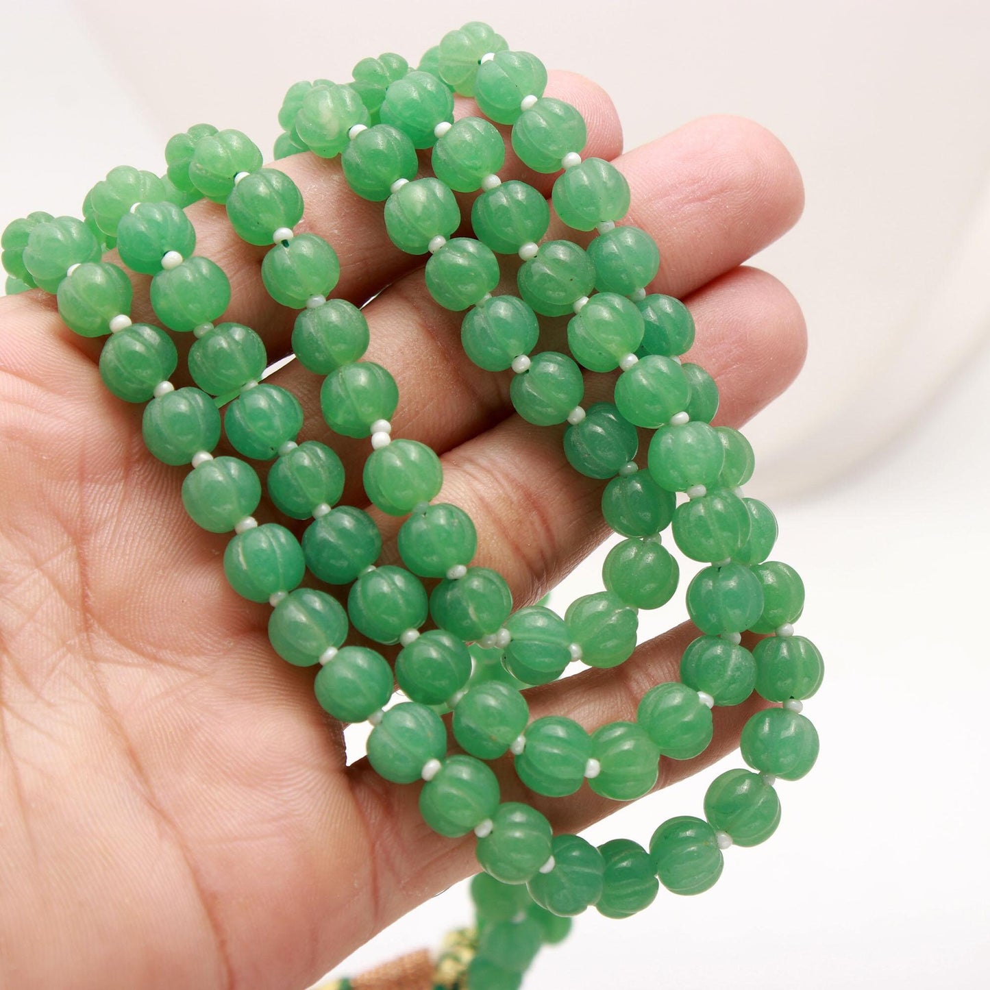 3 Strands Green Strawberry Pumpkin Necklace, 8MM Natural Green Strawberry Hand Curved Watermelon Rondelle Beads with Drawstring Clasp